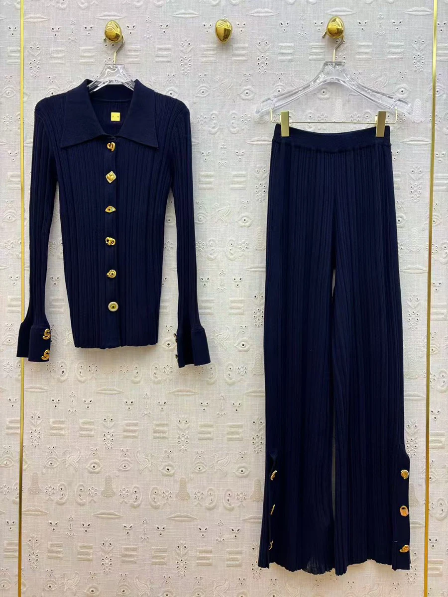 VGH Elegant Solid Slimming Two Piece Sets For Women Lapel Long Sleeve Spliced Button Top High Waist Pants Casual Set Female New