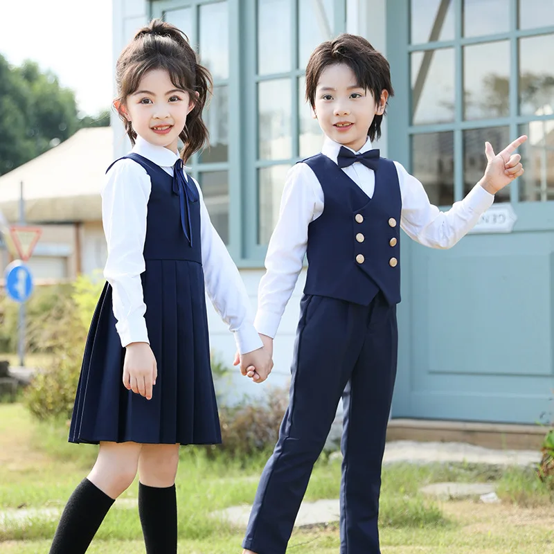 Kids Navy Preppy Sibling Outfit Boys Vest Pants Set and Girls Sleeveless Pleated Dress with Bow for Spring School Party 3-15Y