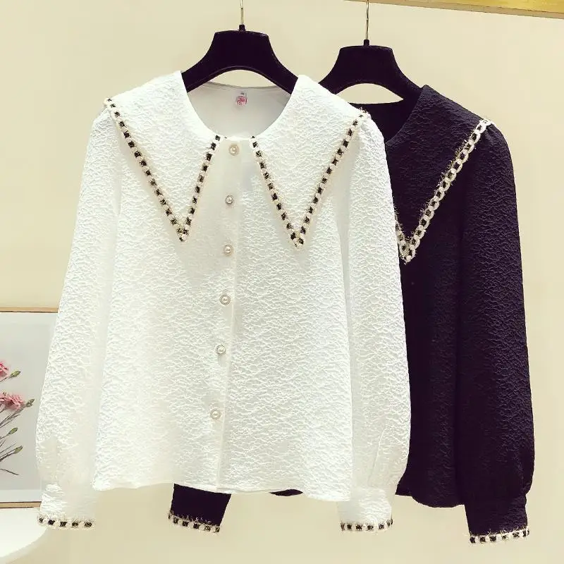 Women Clothing Long Sleeve Contrast Loose Button Blouse Spring Autumn New Solid Loose Fashion Youth Shirt Tops Casual Korean