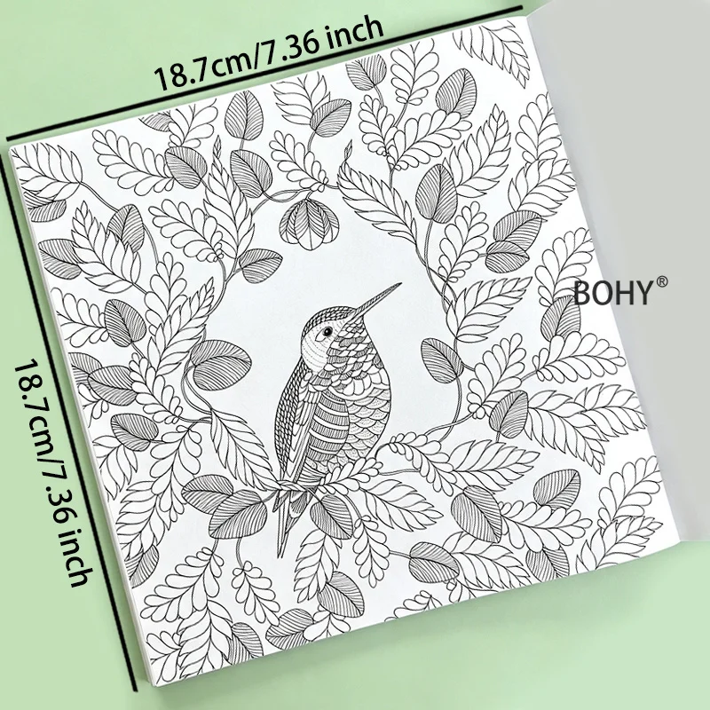 1 Adult Healing Flower, Bird, Insect, Mandala Calming Decompression Coloring Album, 24 Page Square Coloring Illustrations