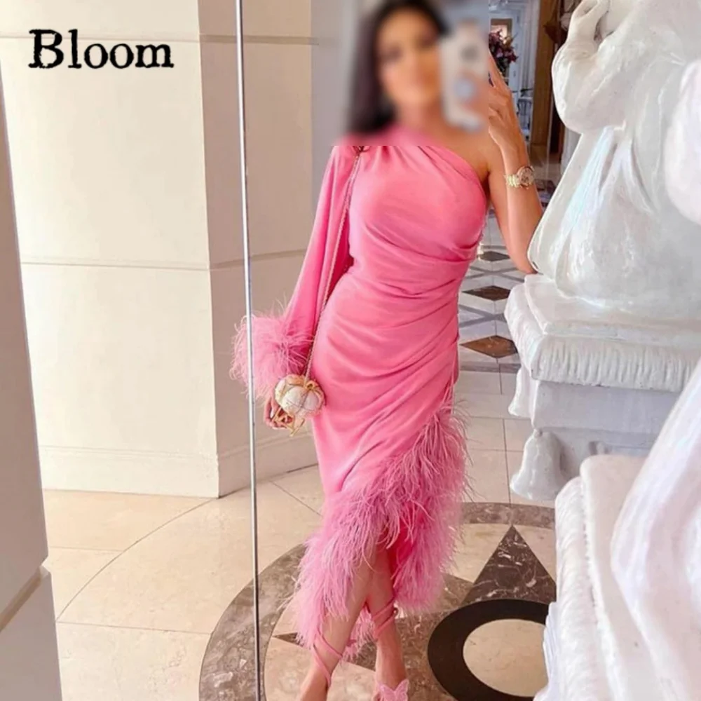 Bloom-vestidos de fiesta de plumas personalizados, manga larga hasta la rodilla, abertura lateral, vestidos de noche de lujo, vestido Formal de fiesta de boda