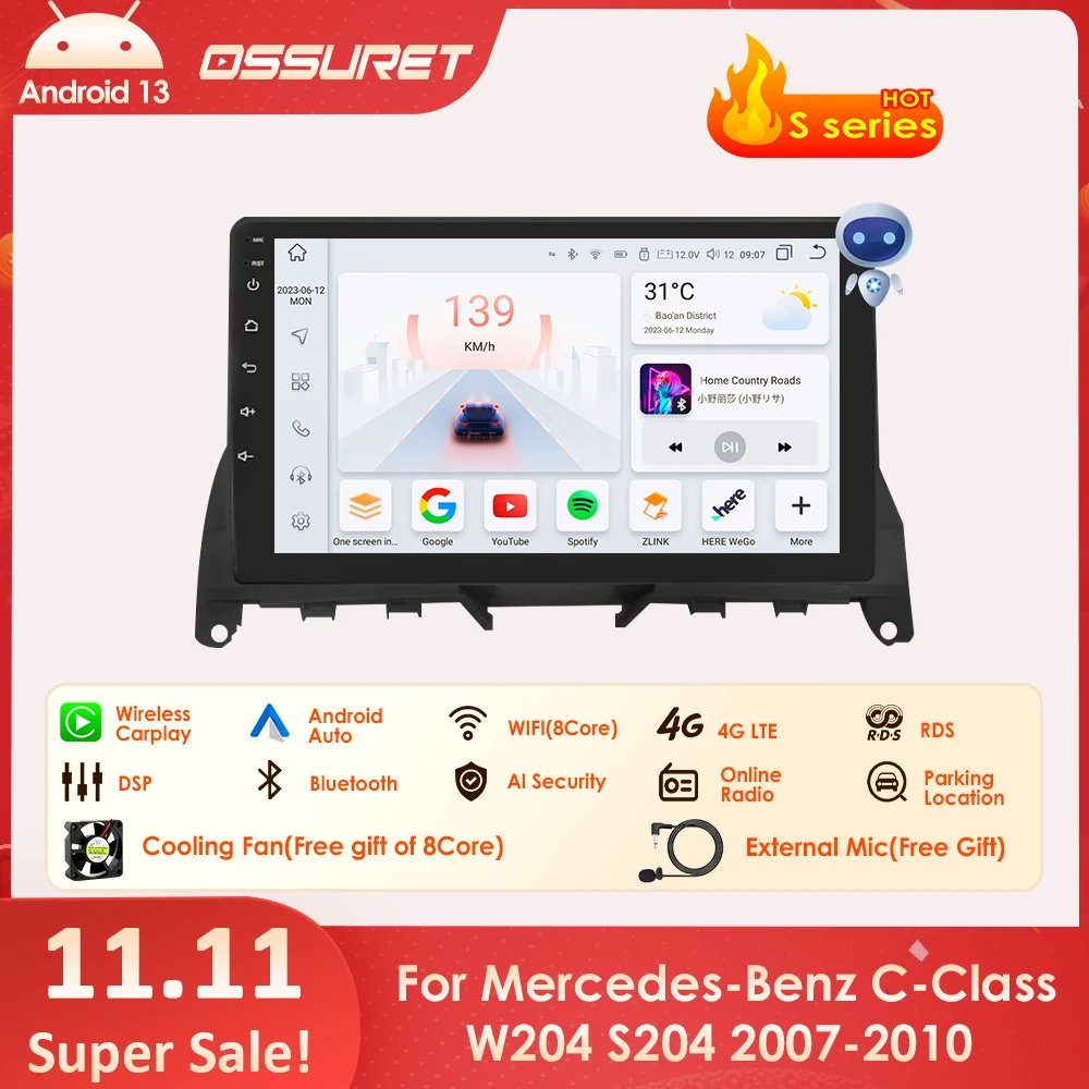 For Mercedes Benz C-Class W204 S204 2007-2010 Android 13 2 Din 9