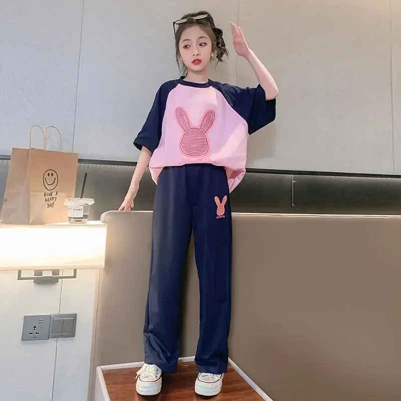 2024 summer Children set Clothes Girls tracksuit casual loose patchwork bunny t-shirt + sport pants Kid Teenager 5 10 11 12 year