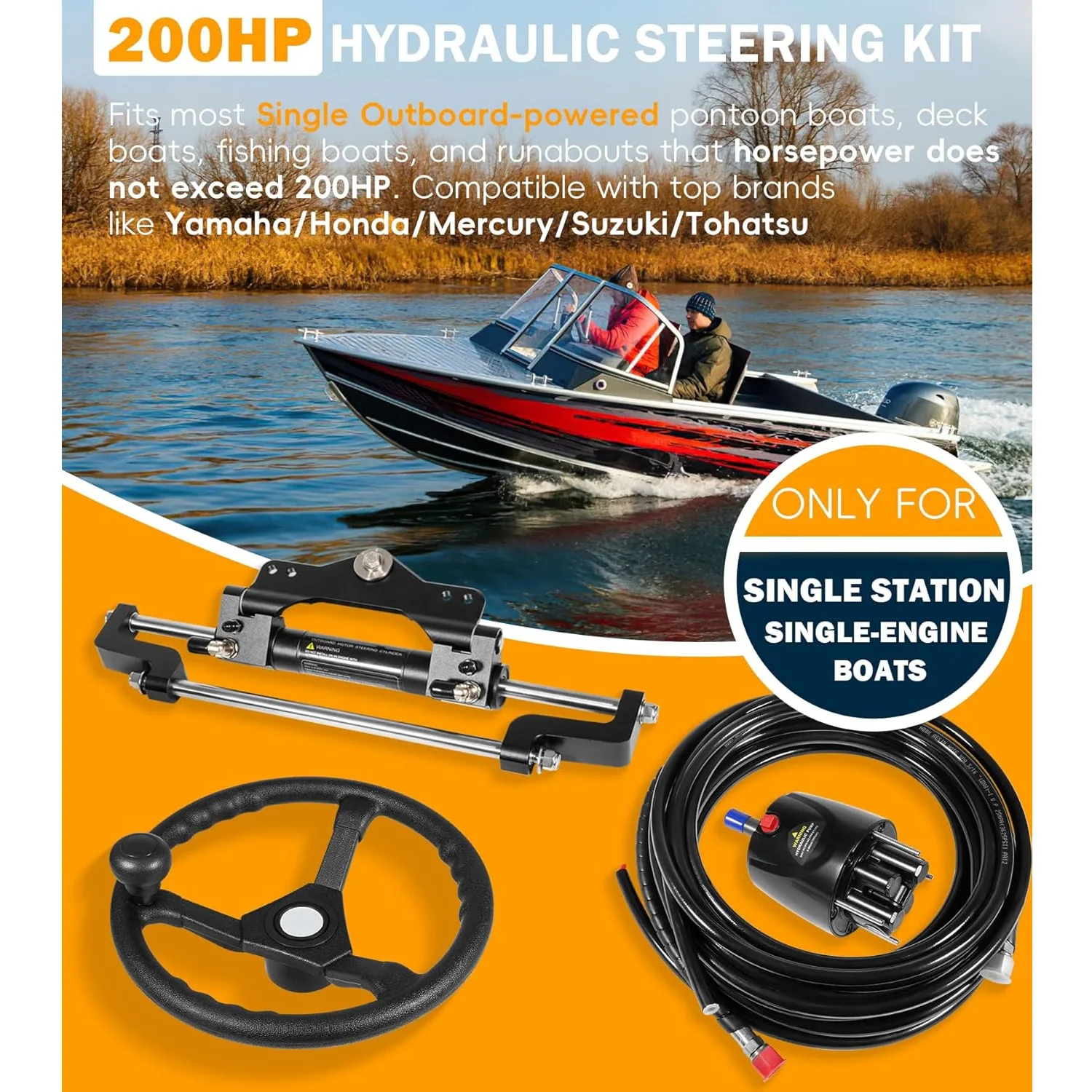 200HP Marine Boat Hydraulic Outboard Steering Kit Compatible with Most Single Outboard-Powered Boats