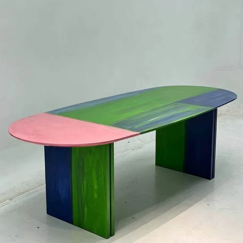Color splicing solid wood dining table Modern simple oval dopamine dining table