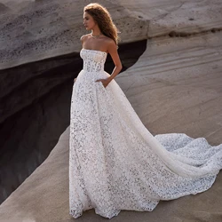 Exquisite Wedding Dress 2023 Strapless A Line Open Back Summer Gowns for Women Ivory Lace Pockets Luxury Robe De Mariรฉe