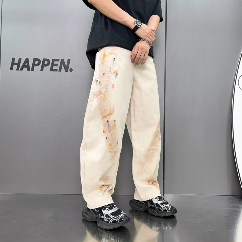 Washed Dyed Hand-Painted Jeans Men's Street Trend American Style Loose Straight Wide Leg Hip Hop Mop Trousers