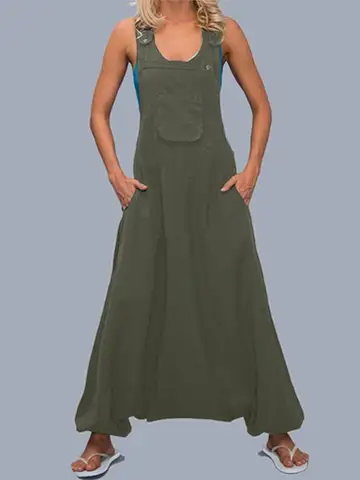 Women's Solid Color Overalls Summer Fashion Sleeveless With Pocket Female Harun Jumpsuits Irregular One-piece Pants For Ladies
