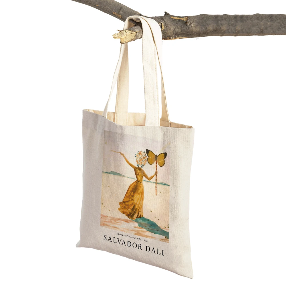 Salvador Dali Surrealism Cubism Exhibition Shopper Bag Tote Lady Handbag Double Print Reusable Casual Canvas Women Shopping Bags