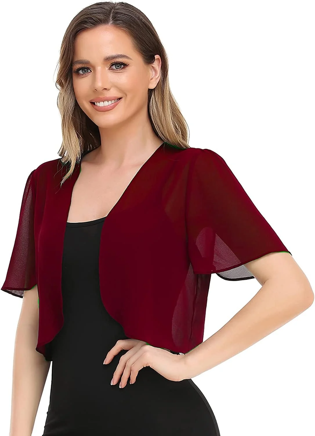 2024 European and American Amazon Spring/Summer New Women\'s Chiffon Top Solid Color Short Sleeve Open Front Thin Chiffon Shawl W