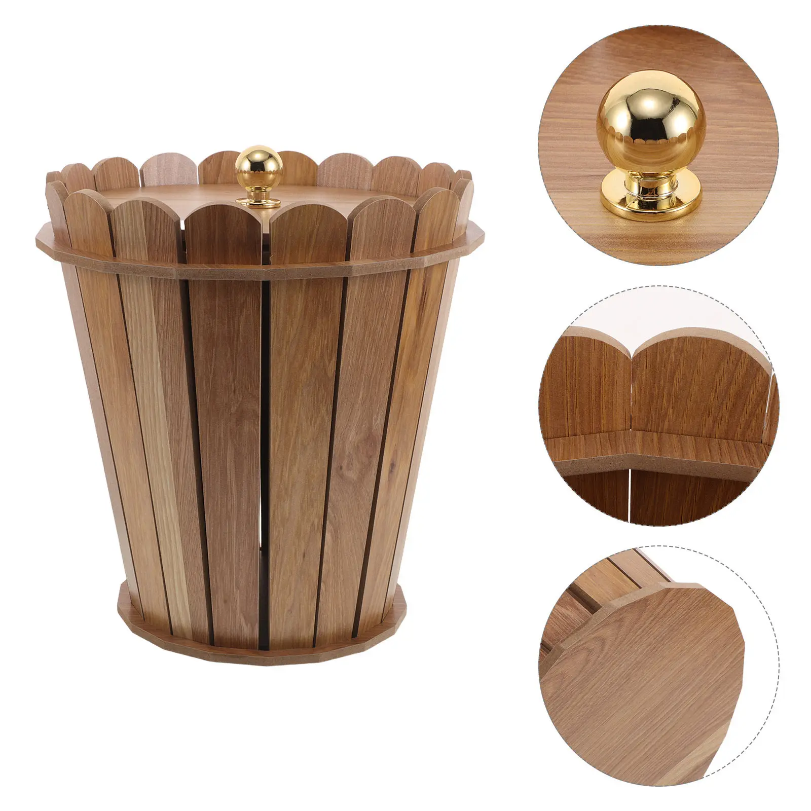 Wooden Trash Can Lid Wood Grain Decorative Garbage Bin Round Farmhouse Wastebasket Bedroom Kitchen Bathroom Office Use