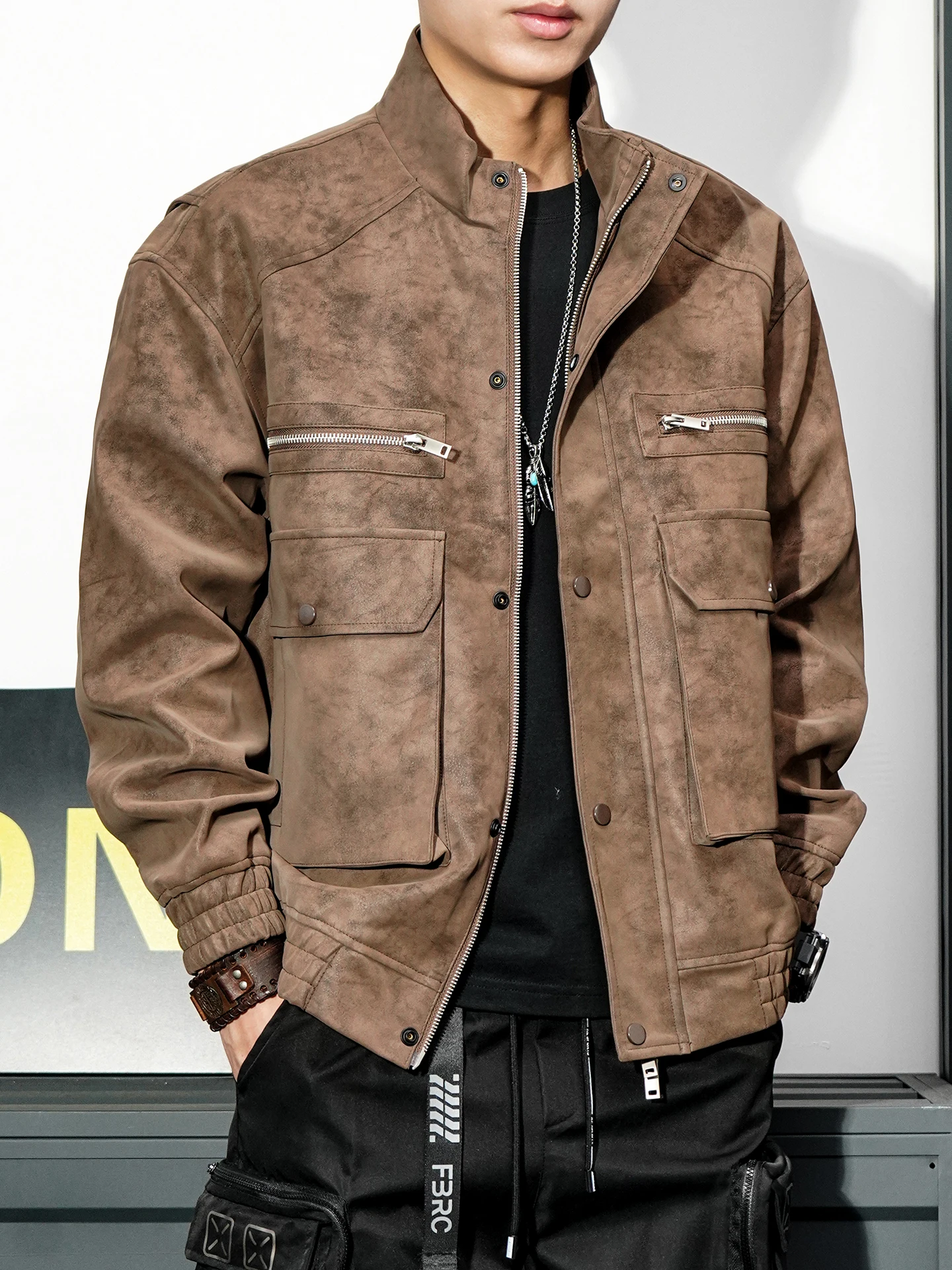 

Retro American Sle Biker PU Leather Jaet Men's Autumn Winter New Faion Workwear Coffee Color Cool Sli Men's Top