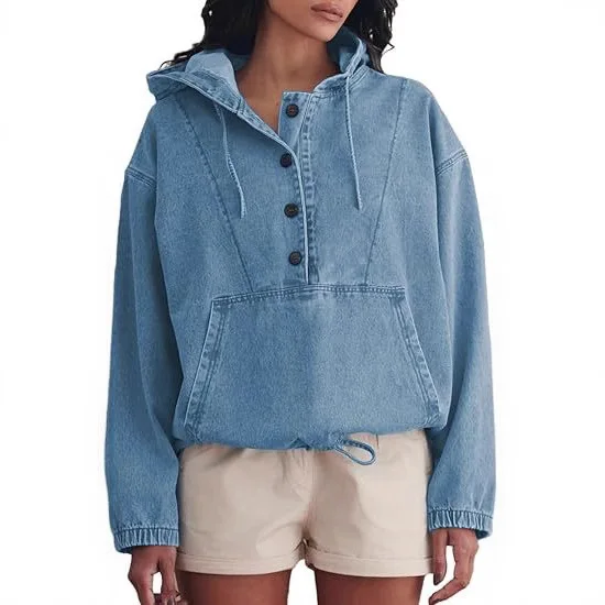 Women's 2026 Women's Fashion Denim Hoodie with Buckle Hoodie Jacket  Denim Sportswear Top for Women