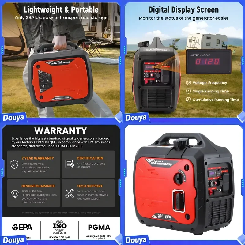 2850 Watt Portable Inverter Generator, Powered, EPA Compliant with CO Alarm, Compact and Lightweight for Outdoor Camping,
