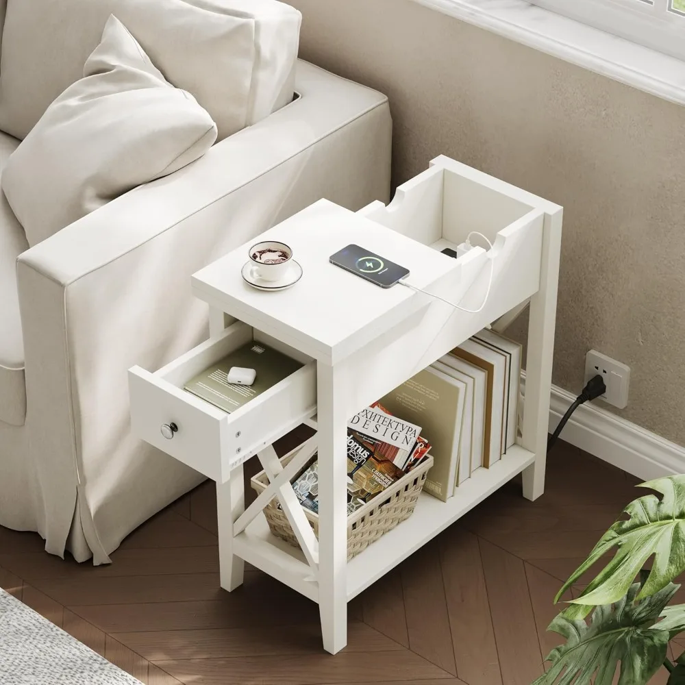

End Table with Charging Station,Narrow Side Table with USB Ports and Outlets,Bedside Tables for Living Room，White