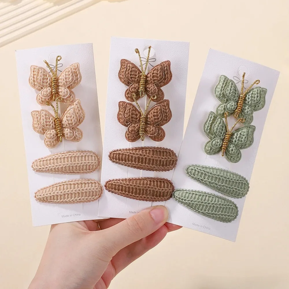 4PCS/Set Handmade Knitting Butterfly Hair Clip Set Childrens Girl Hair Accessories Winter Casual Wear Soft Hair Clips Gift
