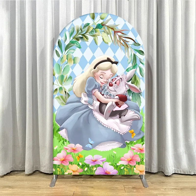 2D Flat Arch Backdrop Cover Single Layer Non-Stretch Fabric Alice in Wonderland Themed Panels with Rabbit Clock and Cheshire Cat - view 6