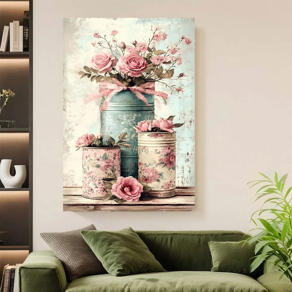 

Framed Flat, Flat Canvas 1pc Vintage- Style Pink Roses with Floral- Patterned Containers on Distressed Background Modern Canvas