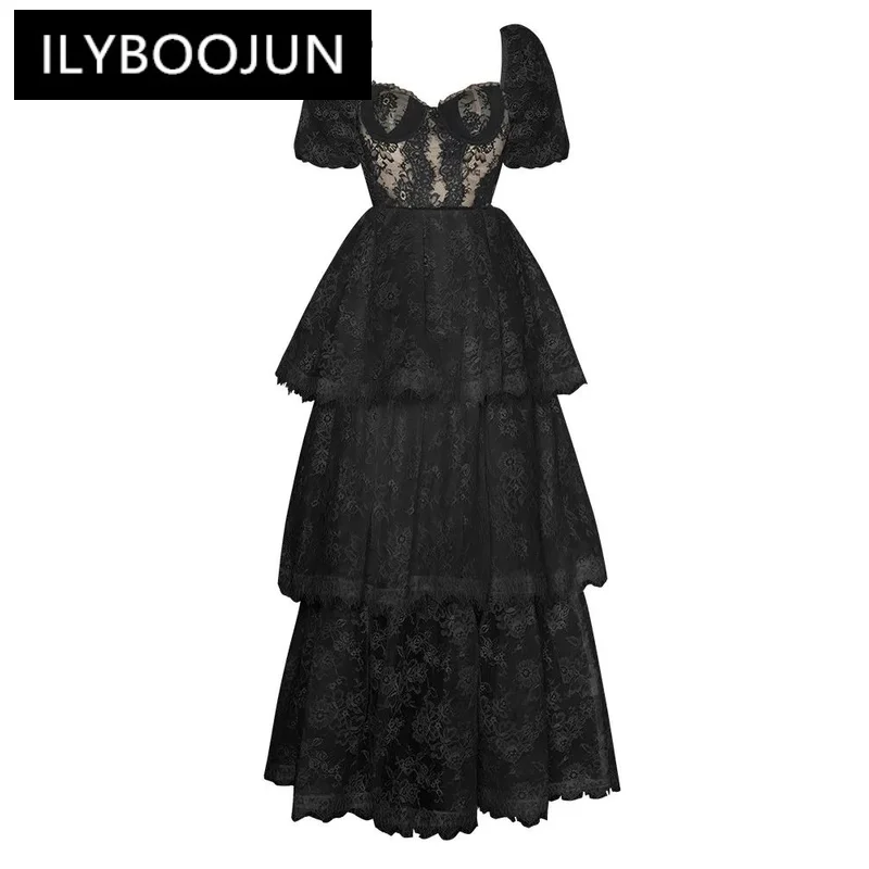 

ILYBOOJUN Summer Fashion Designer High Quality Women Dress Vintage Solid Color Flowers Embroidery Lace Cascading Ruffle Dresses