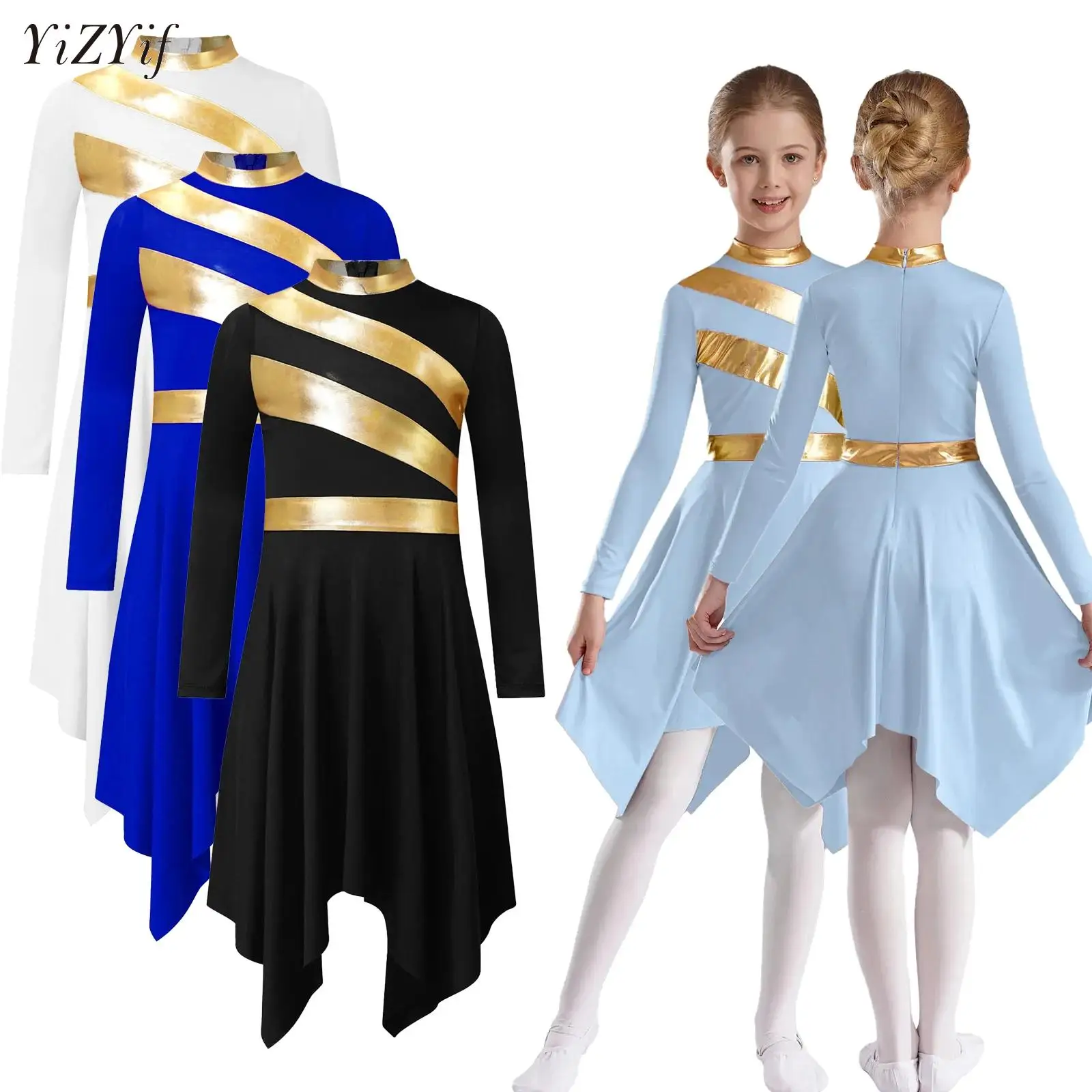 

Kids Girls Lyrical Dance Costume Long Sleeve Praise Dance Dress Liturgical Tunic Church Worship Choir Stage Performance Clothes