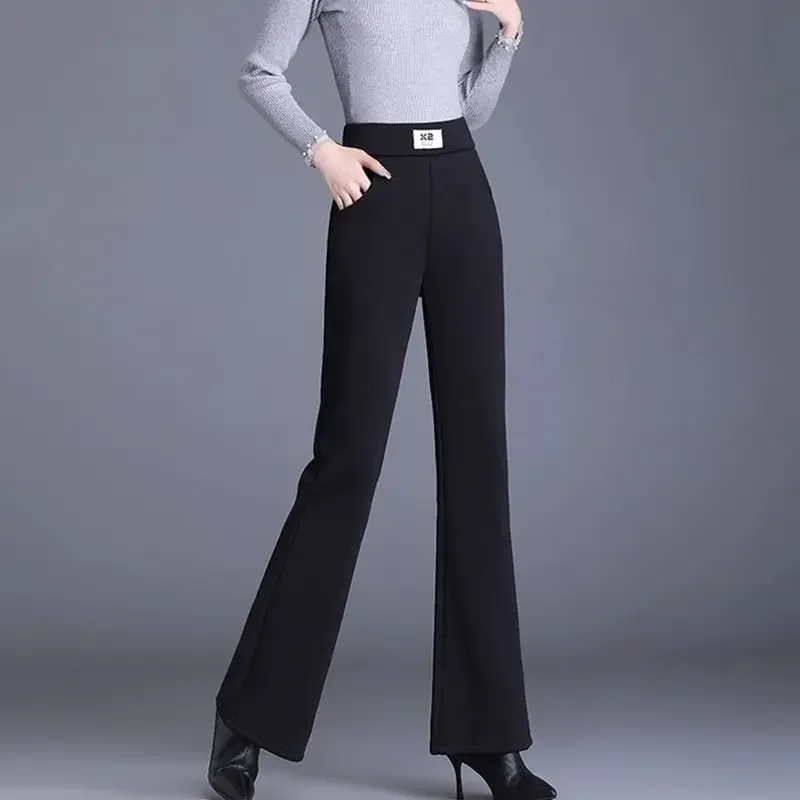 Black Micro Flared Pants for Women\'s Winter New Plush Wearing High Waisted Straight Leg High Waist Casual Suit Flared Trousers