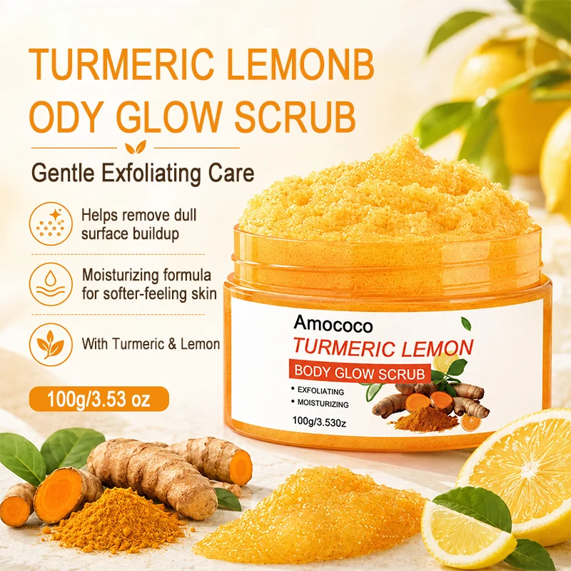Amococo 2/3/6pcs Turmeric Lemon Body Scrub 100g Body Exfoliating Scrub with Turmeric Ginger Root Extract Vitamin C Coconut Oil Aloe Extract Walnut Shell Powder Moisturizing Body Polish for Smooth Skin Bath Shower Care for Women Men