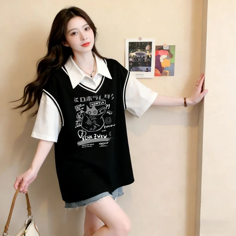 

Женская летняя легкая рубашка-поло в стиле преппи с эффектом двухслойности, свободного кроя, стройнящая, с цветовыми блоками, омолаживающая, универсальная, для девушек