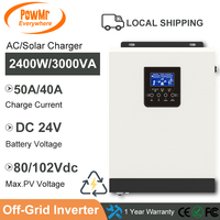 EU Stock 2400W 3KVA Solar Hybrid Inverter Off Grid Pure Sine Wave with PWM 50A Solar Charge Controller DC 24V 220VAC for Home