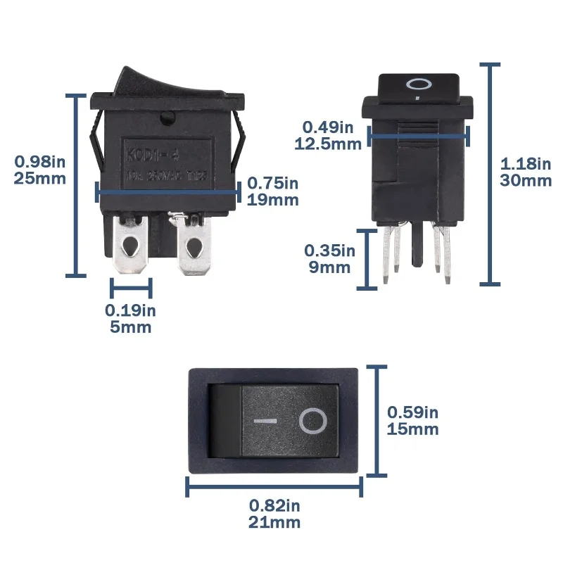 Rocker Switch On/Off 4Pin Toggle Switch AC 250V 10A Black Rectangle Switch Built-in Switch Embedded 4 Pins 2Position Boat Switch