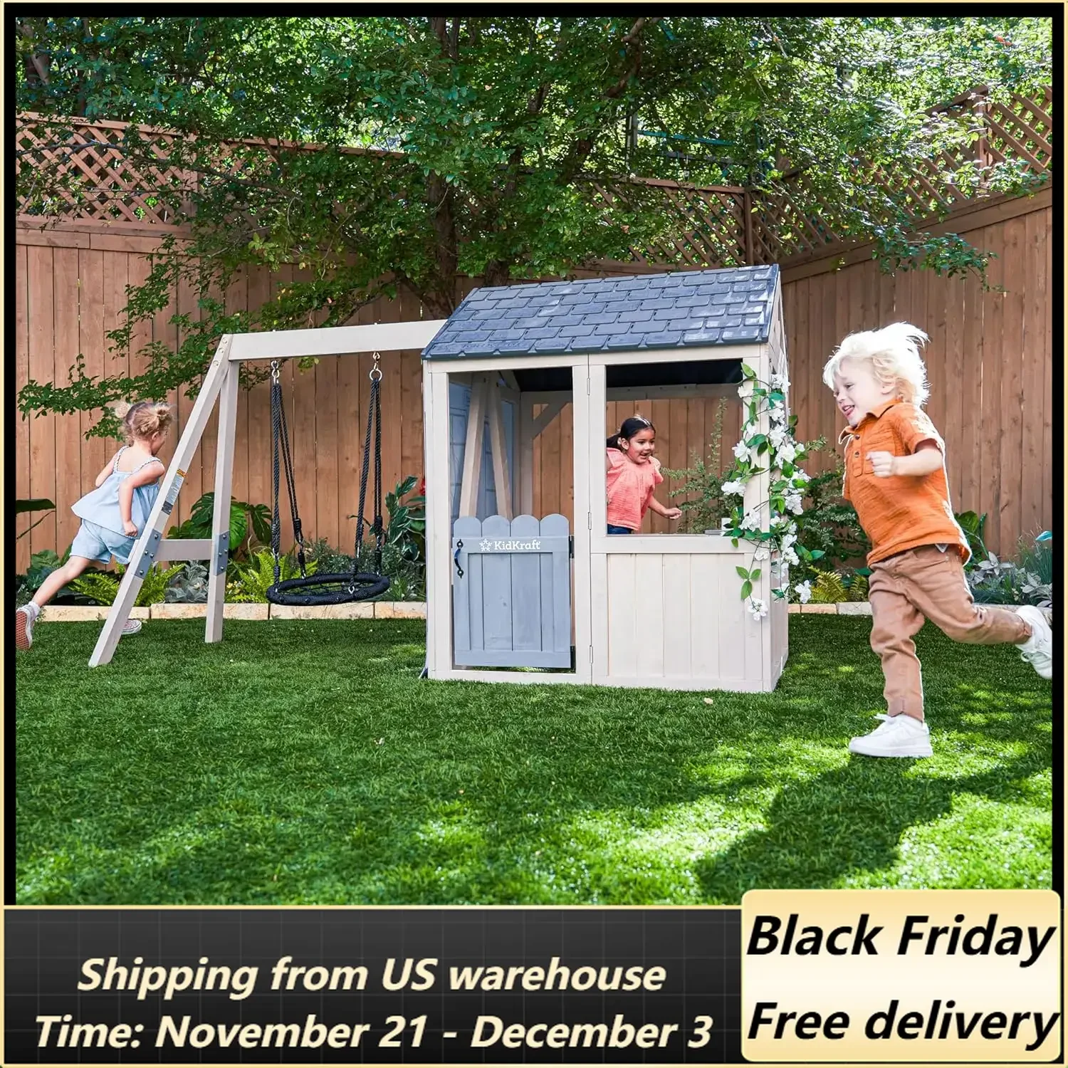 Savannah Swing Wooden Outdoor Playhouse with Web Swing and Play Kitchen