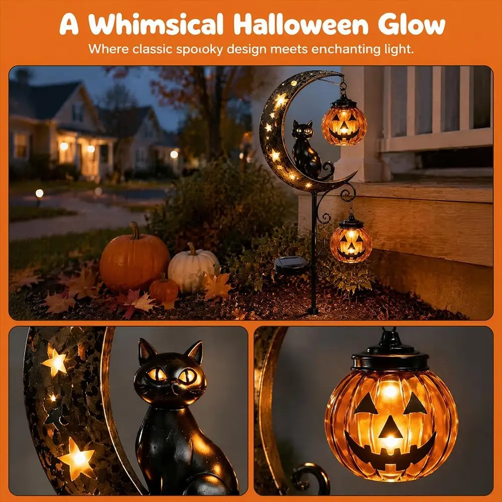 Solar Halloween Black Cat & Pumpkin Moon Garden Stake Light, Outdoor Waterproof LED Yard Decoration with Crescent Moon