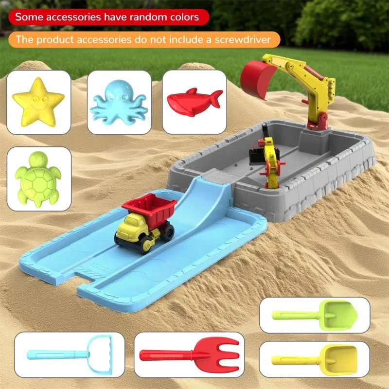 MQUDUO Toddler Sand Table Toy Set with Construction Vehicle, Slide Track and Beach Mold Accessories, Summer Birthday Gift