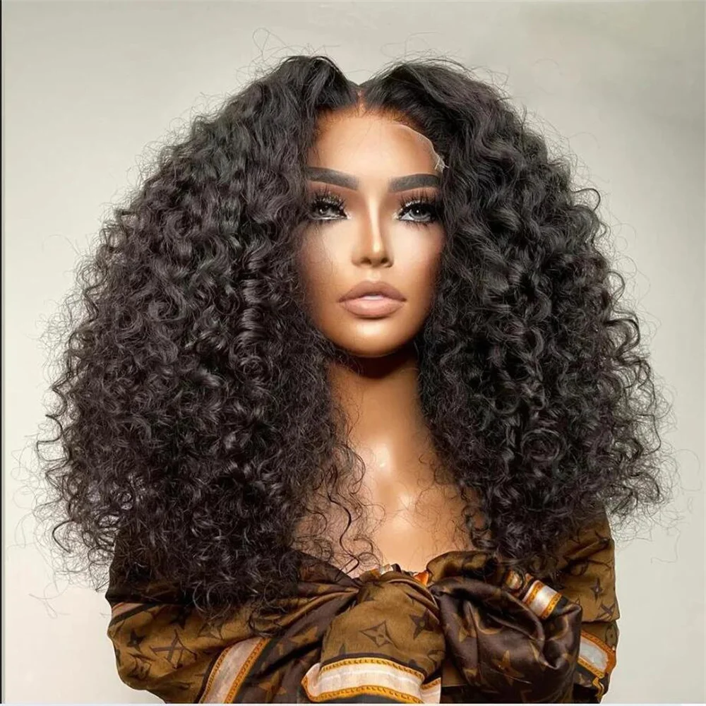 Macio natural preto kinky encaracolado sem cola 180 densidade 26 Polegada longa peruca dianteira do laço profundo para mulheres com cabelo do bebê pré-arrancado diariamente