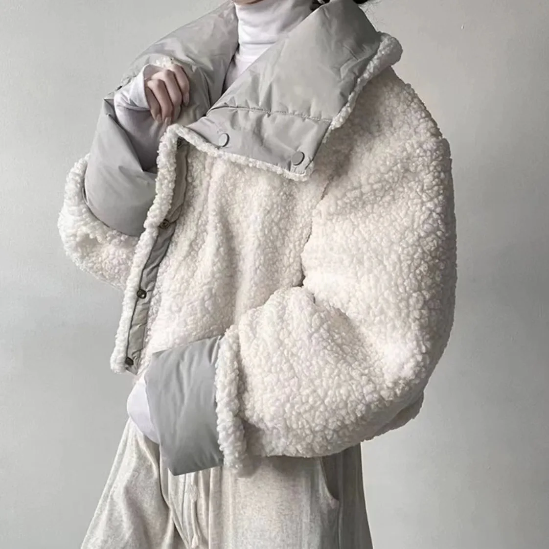 Versión coreana invierno nuevo artículo cuello grande nicho de moda temperamento versátil grueso dos en chaqueta de pan corto abrigo