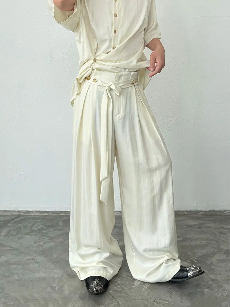

BKYC High Waist Wide Leg Pants Belted Loose Comfortable Casual Long Trousers Unisex Elegant Draped Sensation Summer Wear