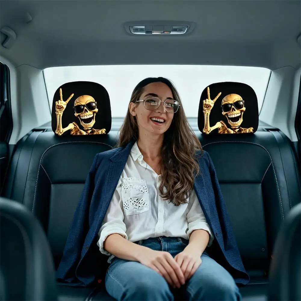 2 Pieces Cool Skeleton Print Car Headrest Covers Skull Peace Gesture Patterns Universal Soft Fabric for Car Interior Decoration