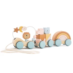 Wooden Montessori Toys Animal Block Dragging Stars Moon Surround Train  Hand Coordination Stacking Toy Handmade Decoration Gifts