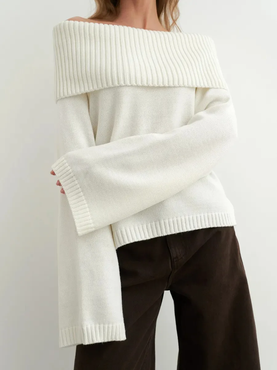 سترة نسائية شتوية جديدة لعام 2025 من Bornladies بلون سادة مكشوفة الكتف بلوفرات فضفاضة مناسبة للتخسيس وأكمام طويلة