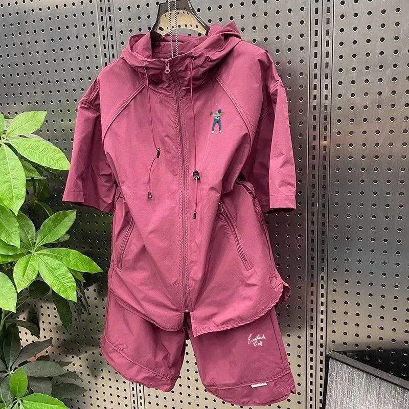 

New Summer Men's Golf Clothing Hooded Golf Short Sleeve and Golf Shorts Two-piece Set Fashion Zipper Man Sport Golf Clothing