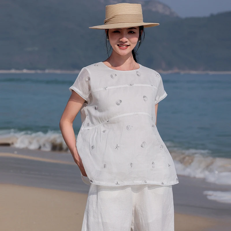 

High Quality Ramie Embroidery Women Casual Blouses New 2026 Summer O-neck Loose Comfortable Female White Tops Shirts M2811