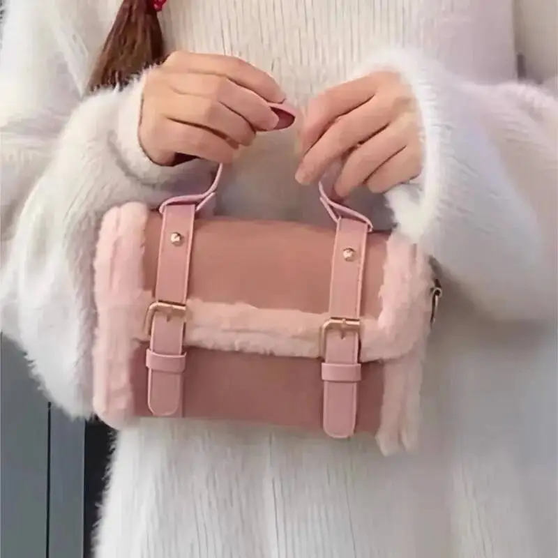 Sweet Cute Pink Handbag Women Studded Fuzzy Trim Large Capacity Shoulder Bags Ladies Gentle Fashion Niche Design Crossbody Bag
