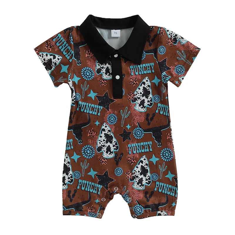 

Infant Baby Girls Boys Romper Cow Head Print Turn-Down Collar Short Sleeve Playsuits Summer Newborn Jumpsuits