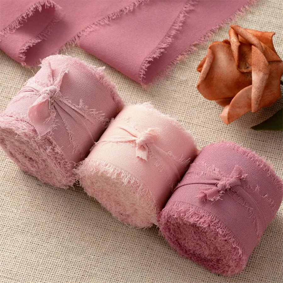 Mix 3 Rollen 5 m handgefertigtes Fransen-Chiffon-Seidenband aus Gaze, weiße und grüne Bänder, Set für Hochzeitsgeschenke, Verpackung von DIY-Dekorationen – Detail 10