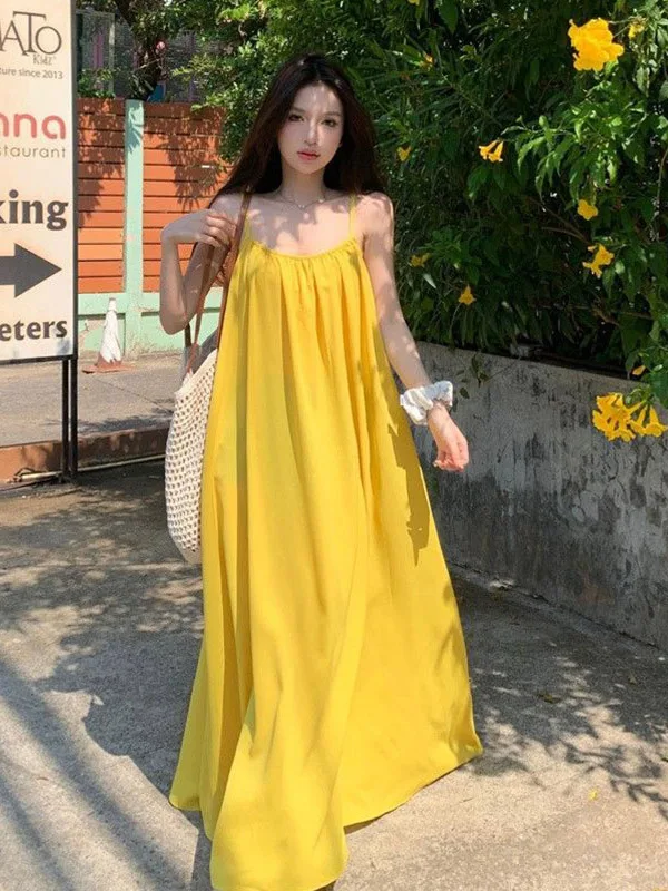 

Sexy Backless A-Line Beach Dress Women's Summer Gentle Fairy Tale Long Beach Dress Korean Style No Sleeve round Neck Gown