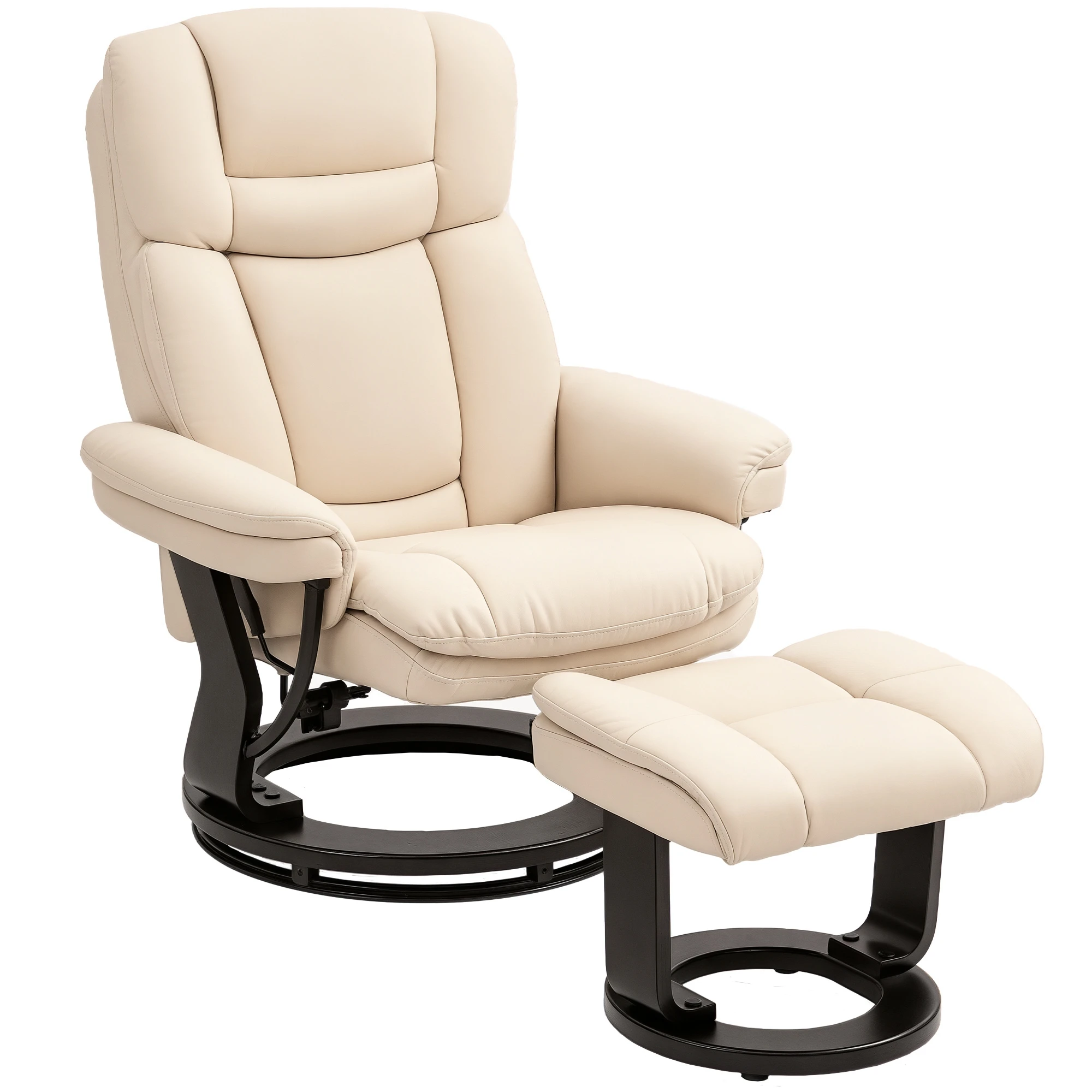 HOMCOM Fauteuil salon avec repose-pieds, chaise pivotante en PU, dossier inclinable, assise rembourrée, base en bois, fauteuil TV pour salon chambre et bureau, crème