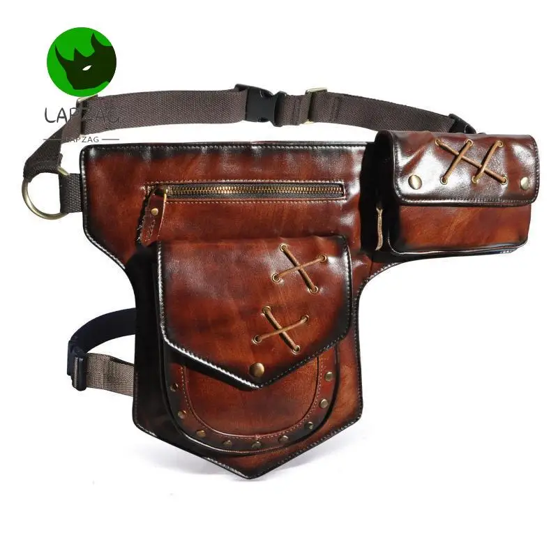 Cool Motorcycle Bag For Men Genuine Leather Hip Belt Bag Men's Crazy Horse Waist Pack Retro Men's  Outdoor 8 Inch Waist Bags