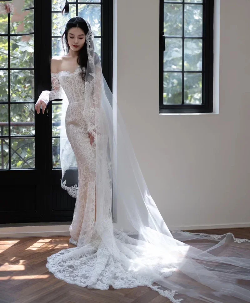 Flavinke Abiti da sposa personalizzati Sirena in pizzo per la sposa Eleganti maniche lunghe al largo della spalla Taglie forti Abiti da sposa