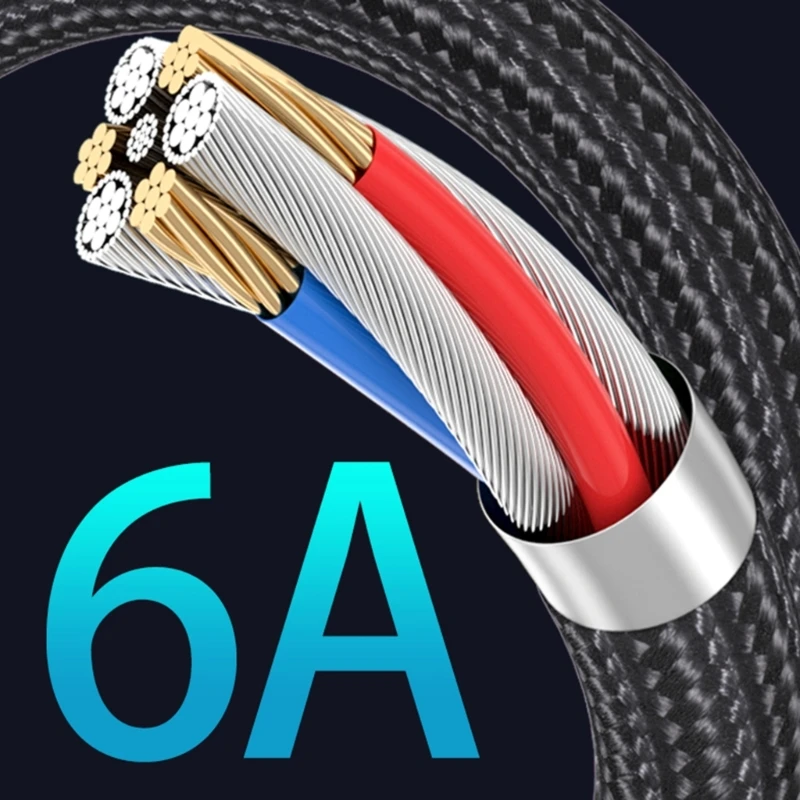 كابل بيانات شحن سريع مضفر من النايلون USB إلى النوع C 90 درجة مع نقل سريع 6A لأجهزة الألعاب