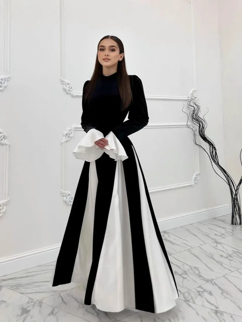 

Elegant Color Blocked Pleated Robe Dress Fashion Women's O Neck Long Sleeved Party Dress Spring Casual High Waist Maxi Dress