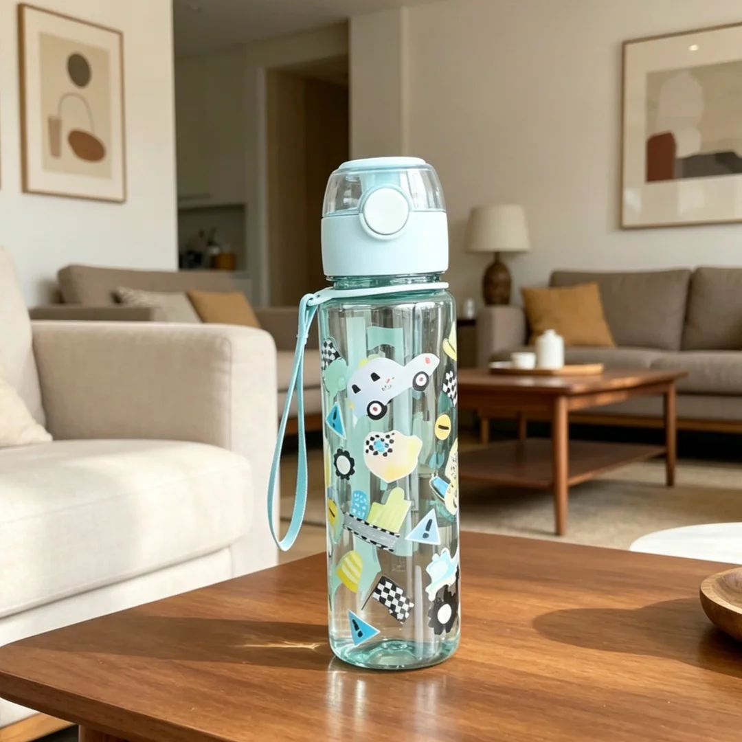 Trendy High Value 700ml Cartoon Pattern Water Bottle Car Rainbow Dinosaur Print Lightweight Leakproof Ideal For Daily Fitness